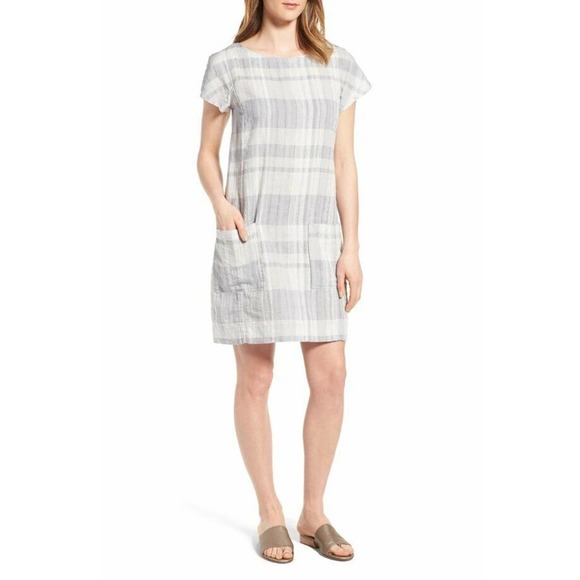 EILEEN FISHER PM Petite M Plaid Chambray Airy Shift Dress Organic Linen Cotton - Picture 1 of 8